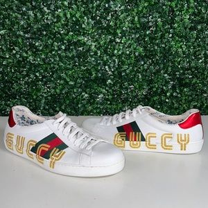 Preown Gucci ACE White Leather GUCCY
Print Lace Up Low Top Sneaker
Women Size 11